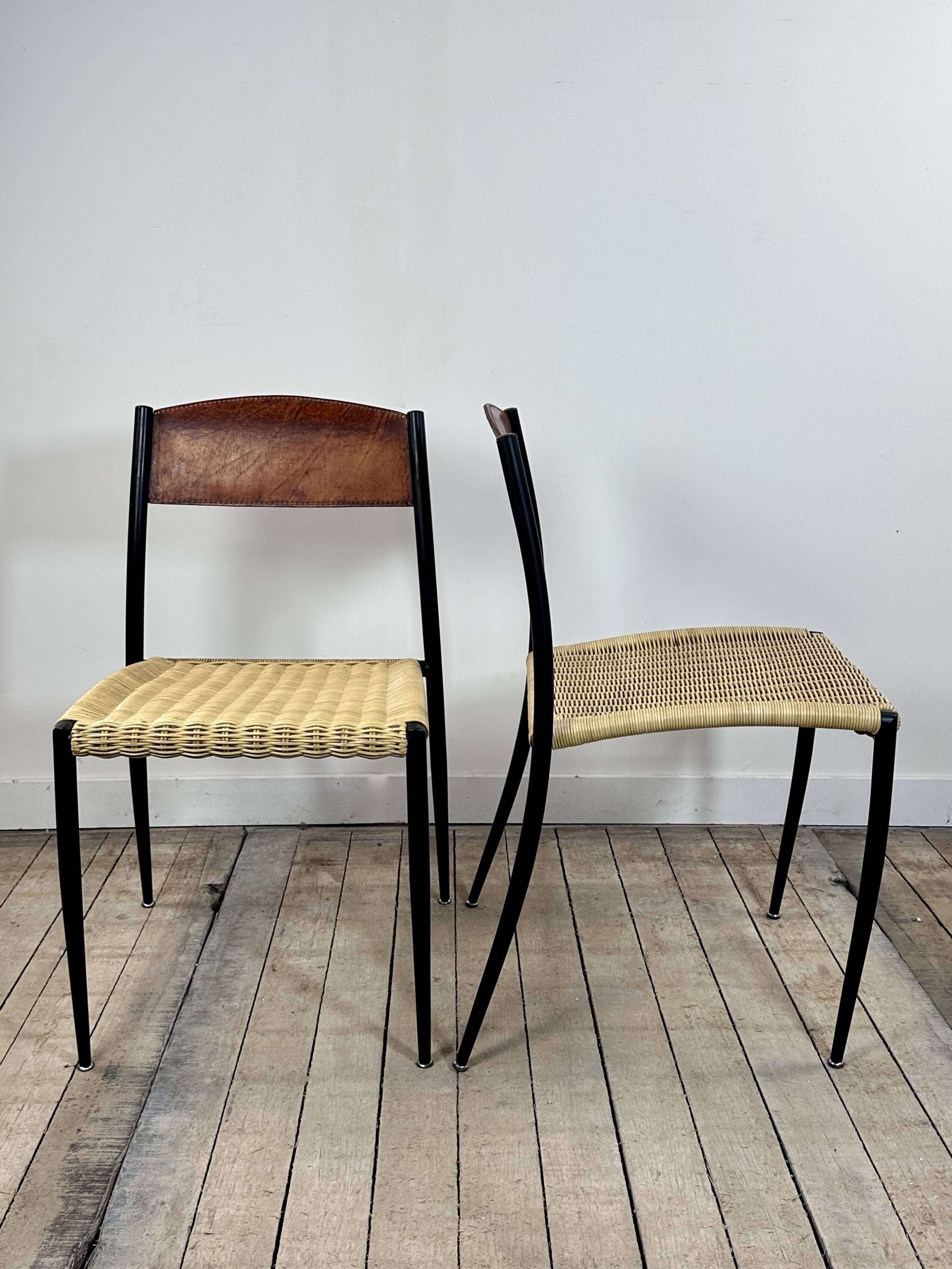 Chairs (set of 2) in metal, leather and straw 1960's