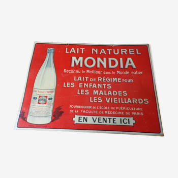 Ancienne plaque publicitaire, Tole lait naturel mondia 49cm x36cm