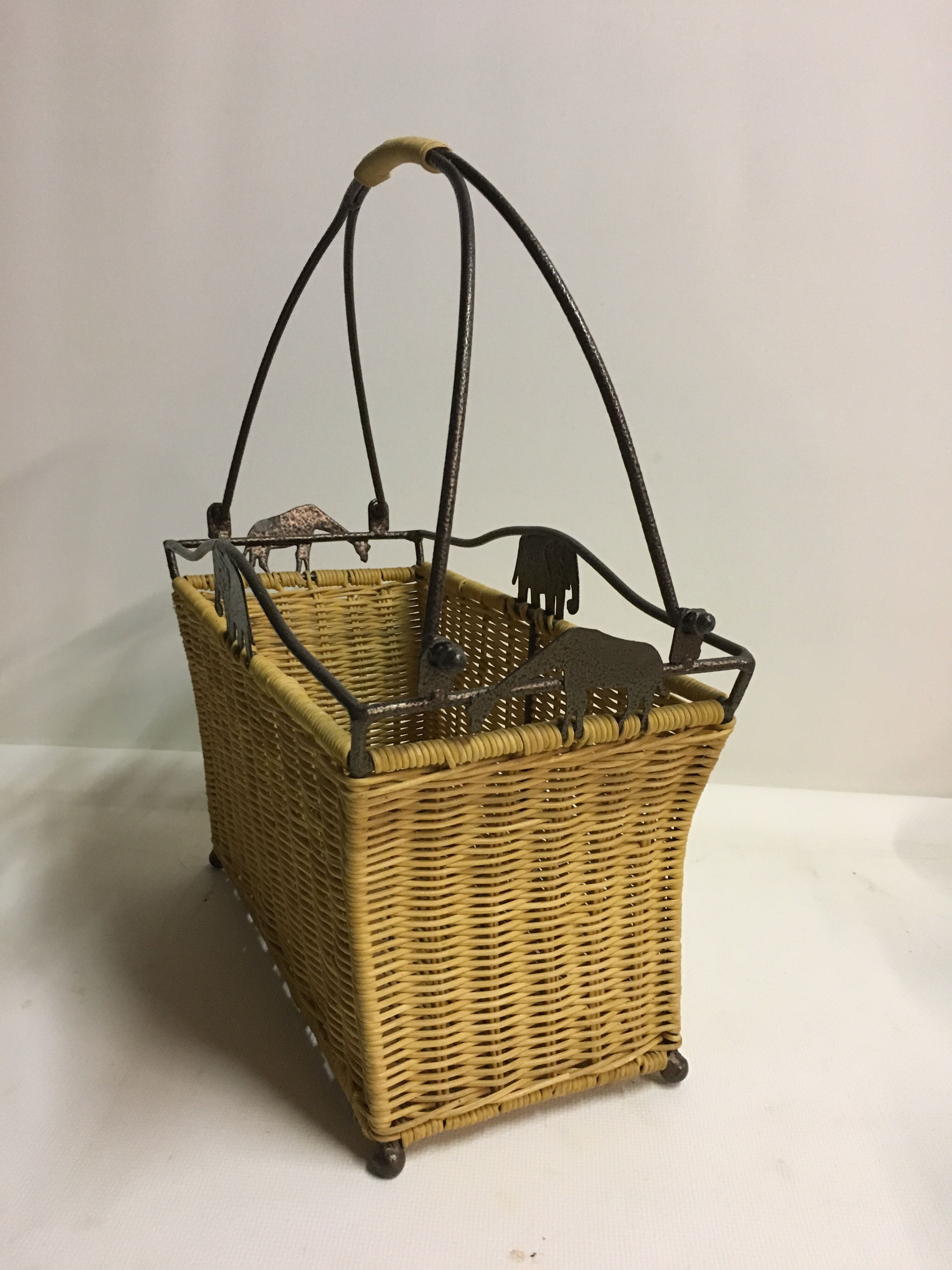 70s metal and rattan magazine rack