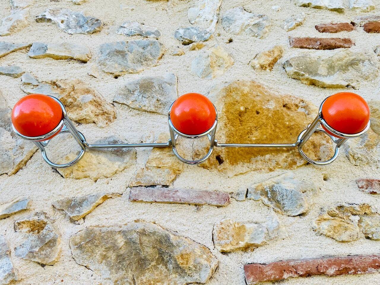 Space Age Chrome and Wood Wall Coat Rack 1970s