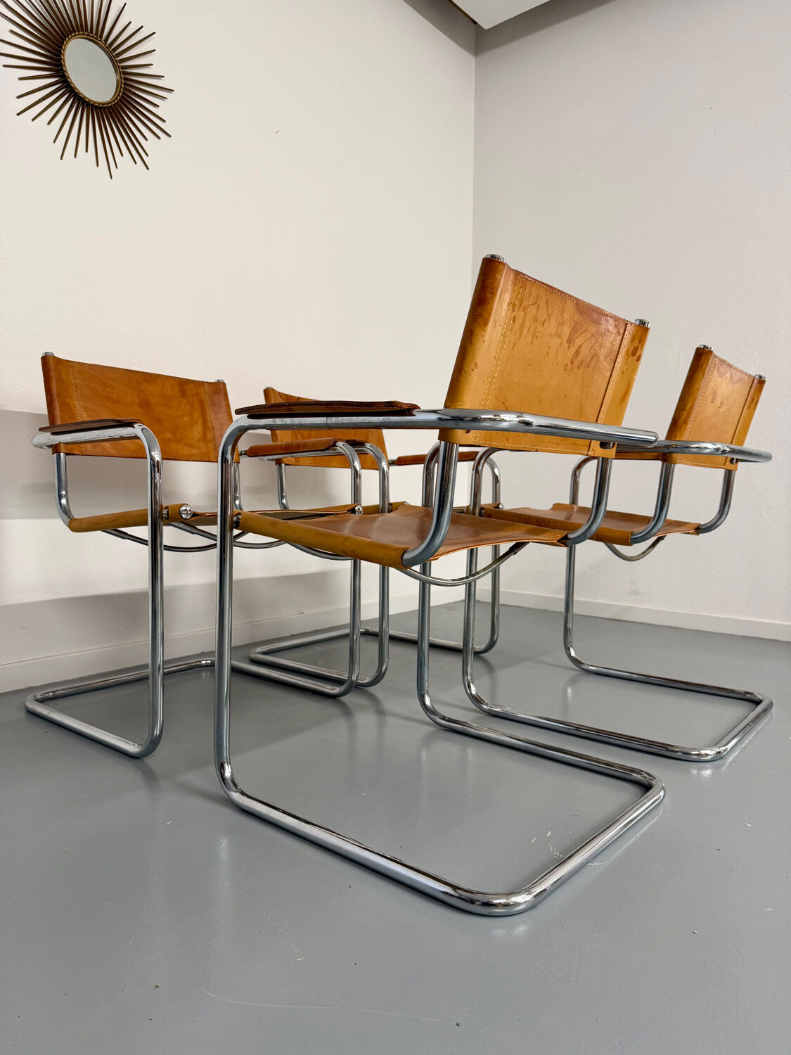 4 vintage tubular chairs with patinated leather designed by Mart Stam