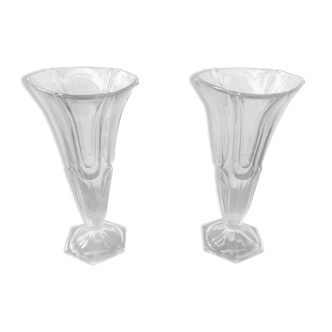 Pair of vase old style art deco vintage moulded glass