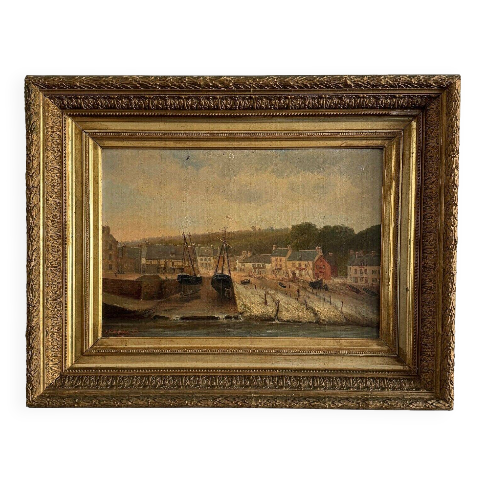 Oil on canvas by F. Lemoine the port of Nantes late 19th century stucco frame