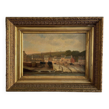 Huile sur toile par F. Lemoine le port de Nantes fin XIXe cadre stuc