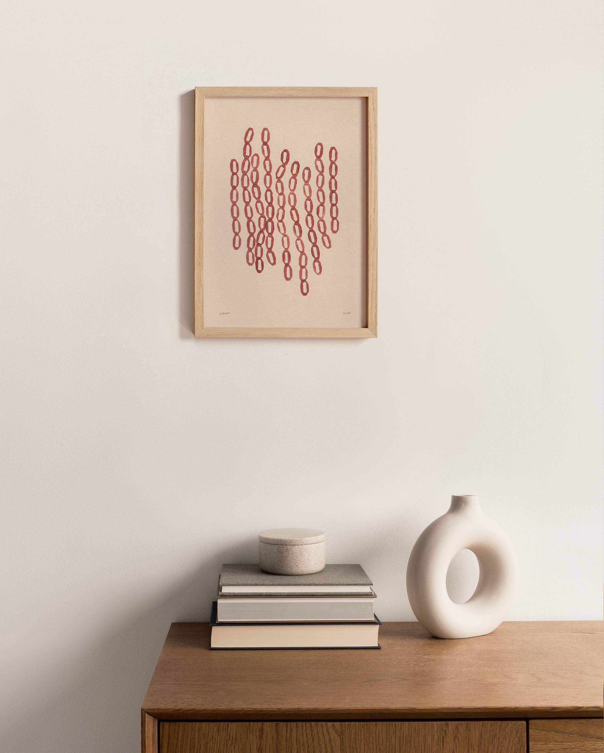Abstract painting on framed paper signed Eawy dark red colour.
