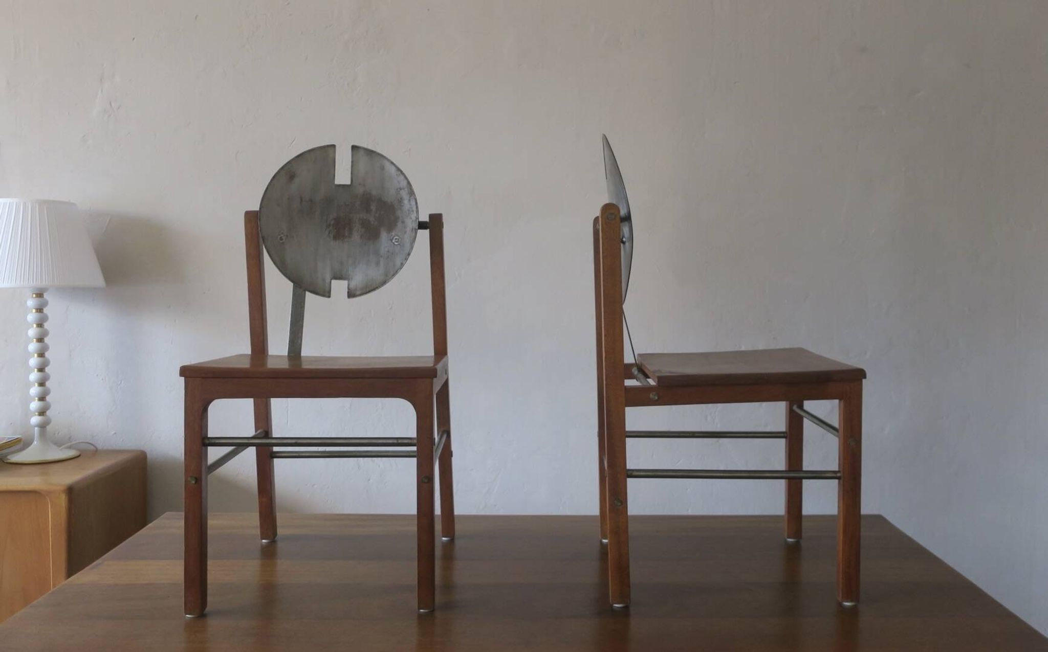 Brutalist 6 chairs and dining table in teak and patinated steel, 1960s