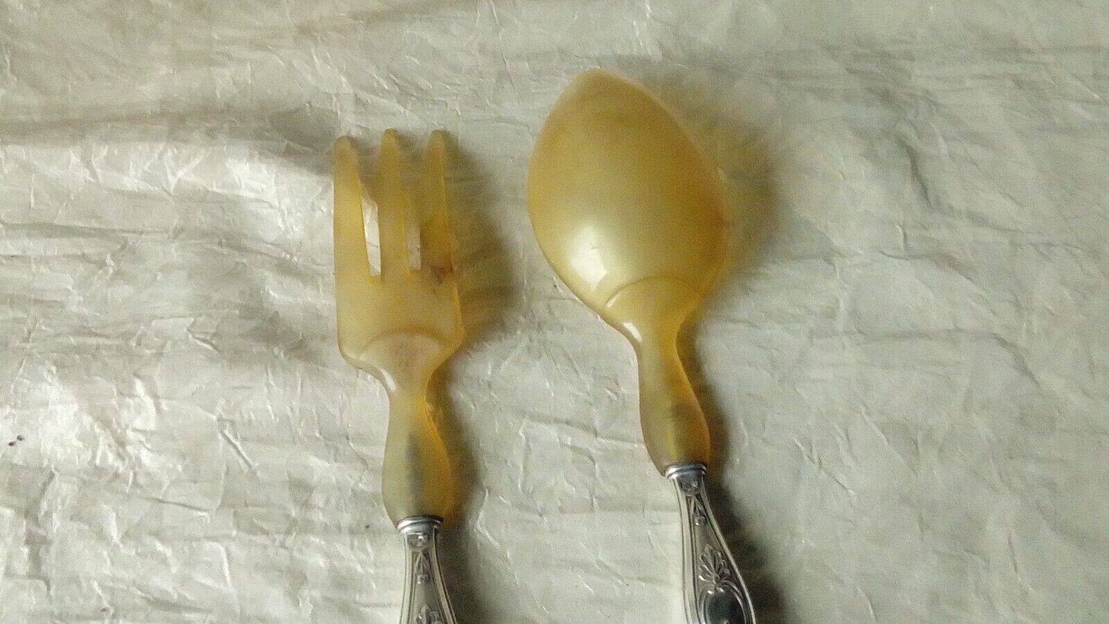 Horn salad cutlery, silver handle, late 19th century