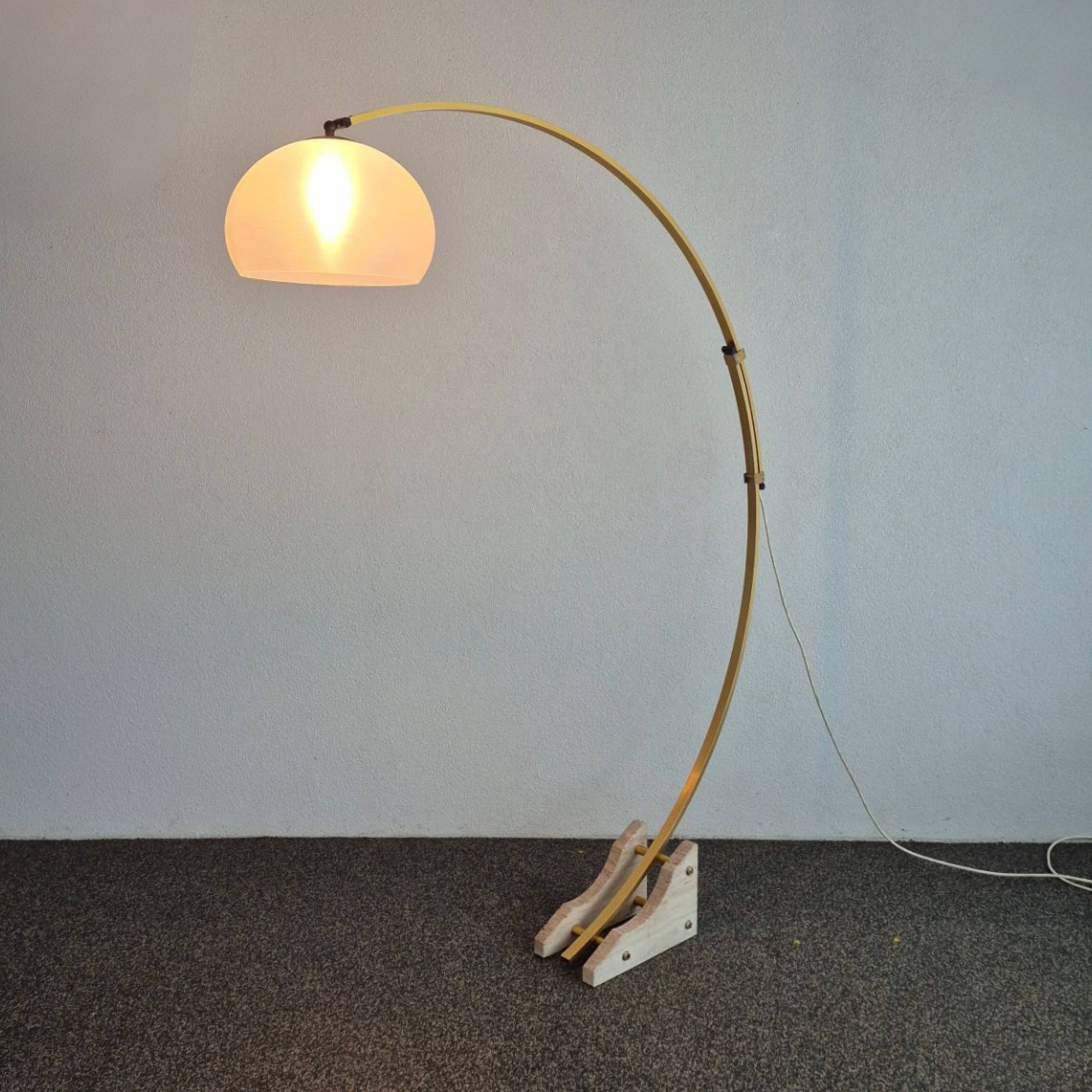 Space age Guzzini arc lamp with travertine base, Italy 1960s