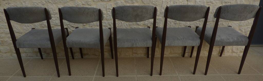 5 chaises de style scandinave en bois massif et velours gris, années 60