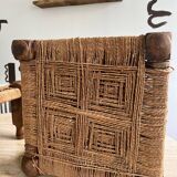 Stool in carved wood and rope from the 70s