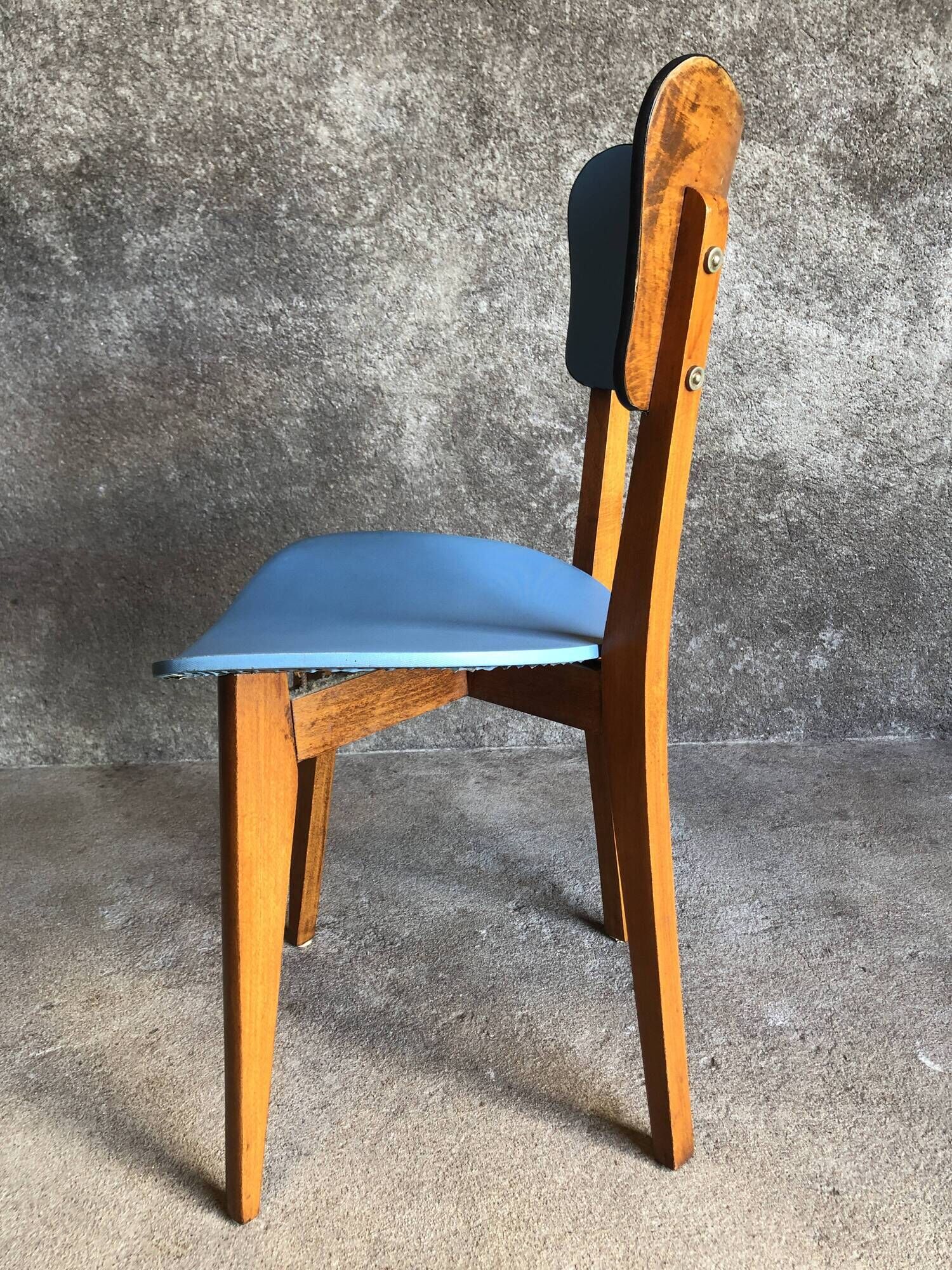 Pair of vintage bistro chairs in wood and light blue vinyl