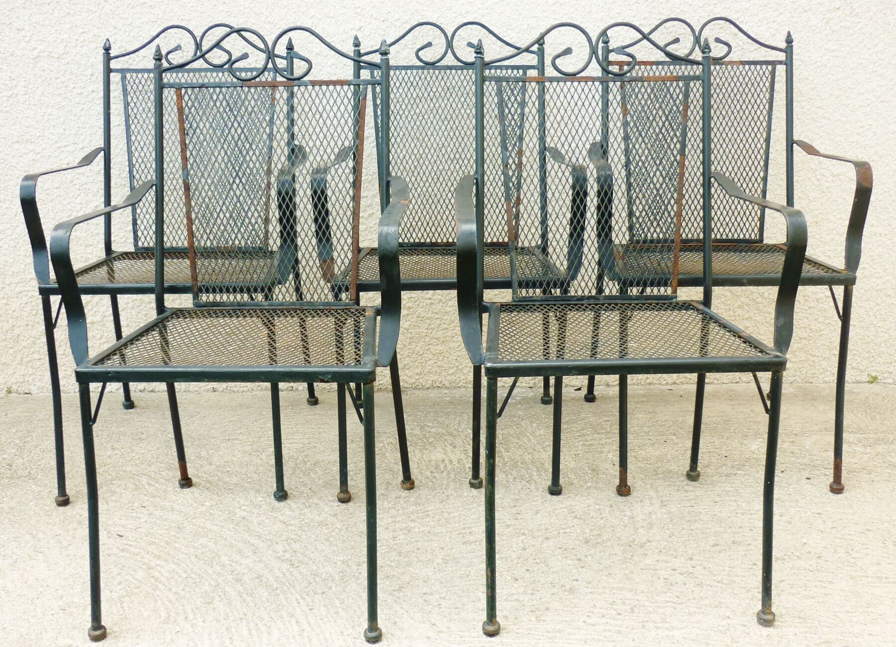 Series of 5 armchairs, openwork metal garden chairs, 60s/70s, stackable