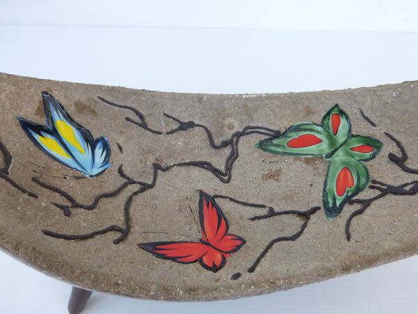 Coupe à fruits tripode 1950 en céramique de vallauris à décor de papillons années 50/ 60 vintage