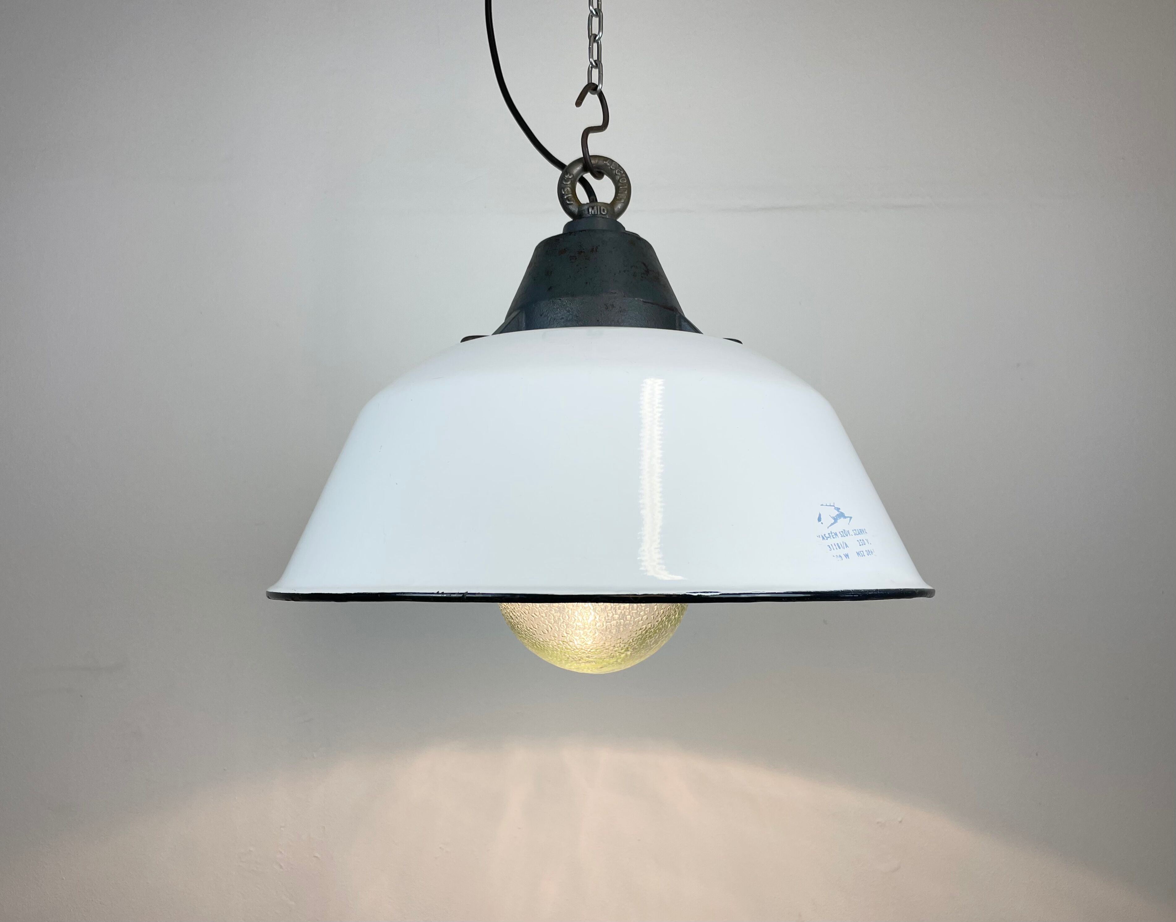 White Enamel and Cast Iron Industrial Pendant Light with Glass Cover, 1960s