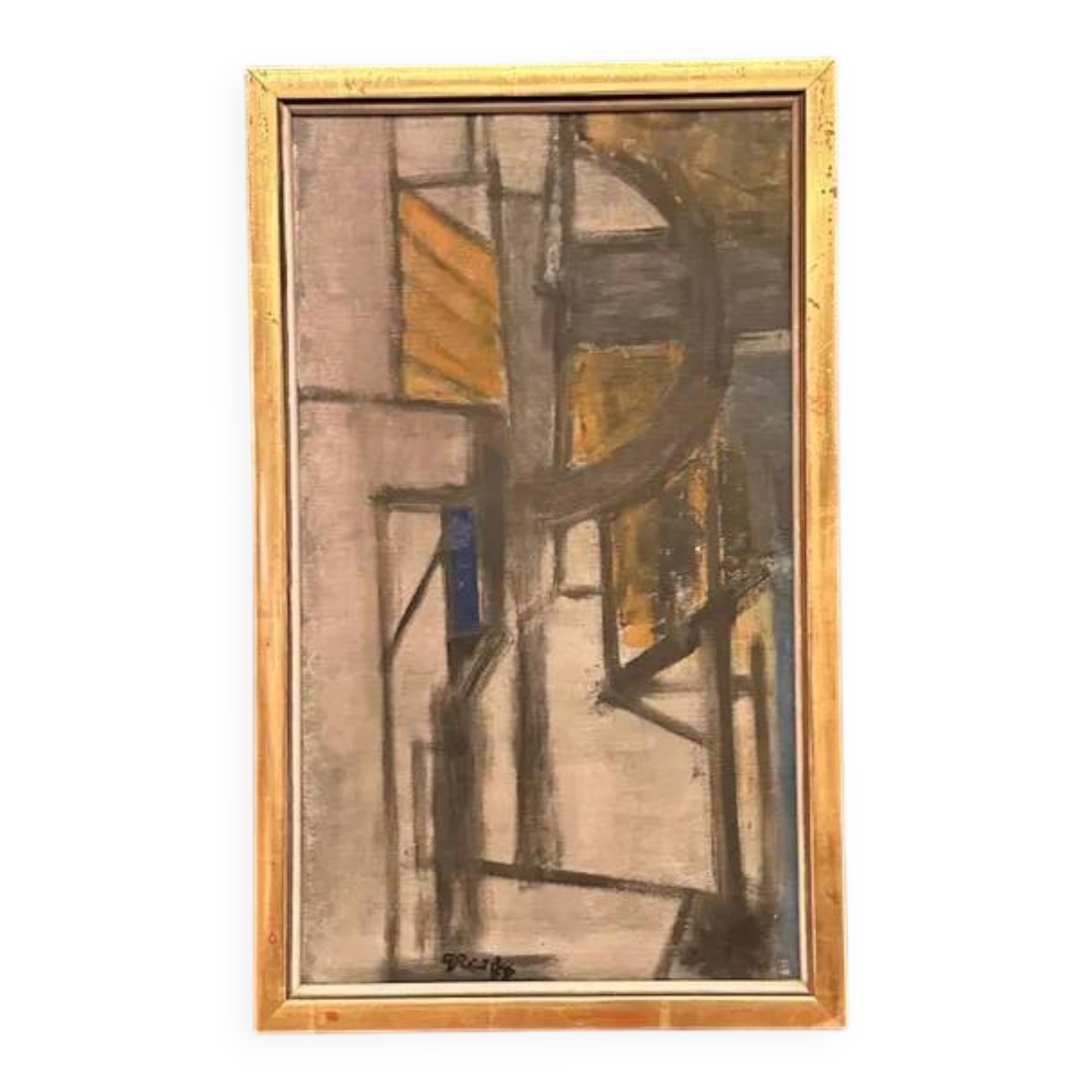 Original Danish Oil on Canvas – “Gul Figurkomposition” by P. Primdahl – Signed – Dated 1958 – Vintage & Framed – 43 × 27 cm (16.9" × 10.6")
