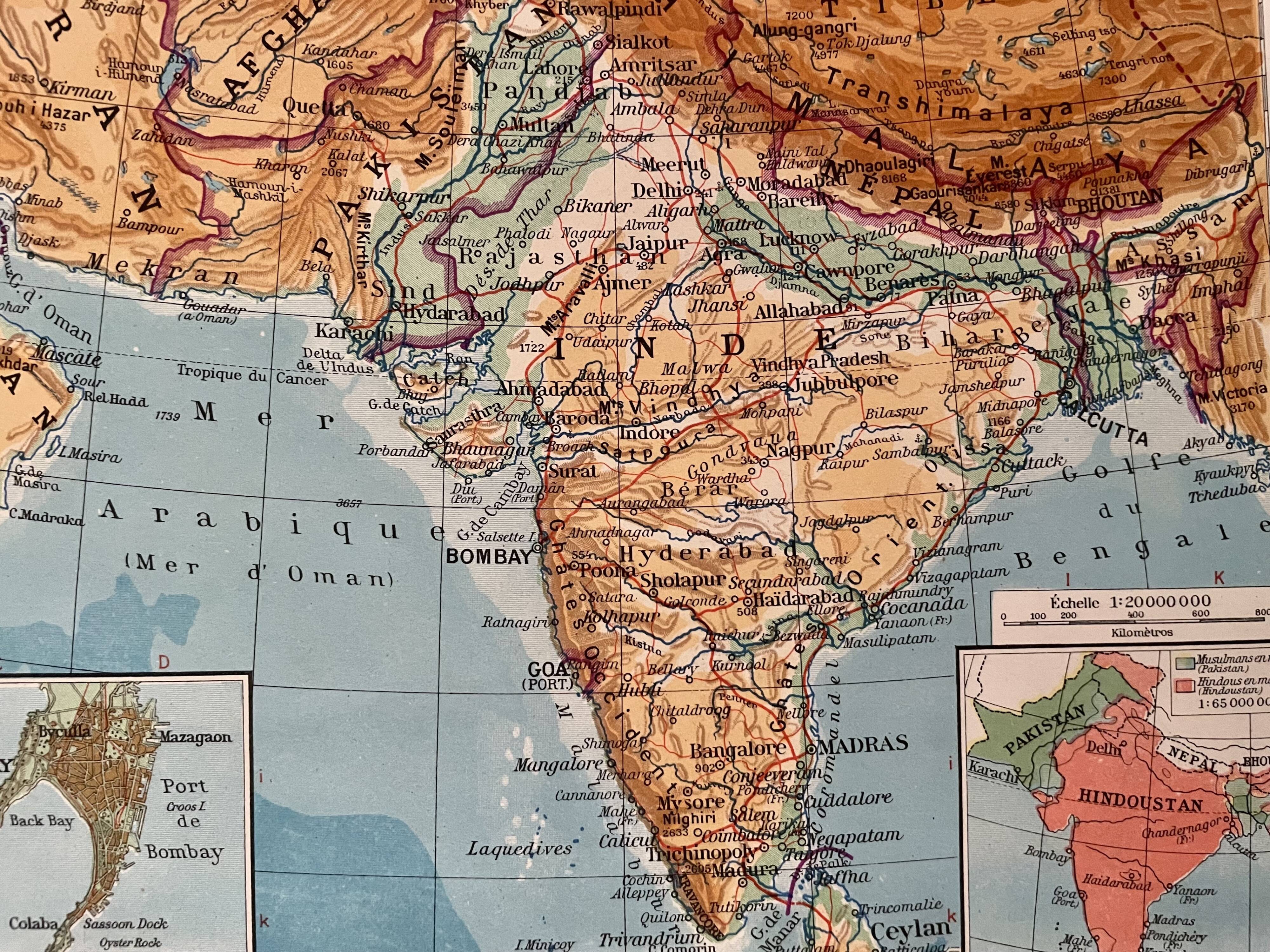 Old map of India, Nepal, Afghanistan and Himalayas from 1945
