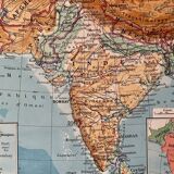 Old map of India, Nepal, Afghanistan and Himalayas from 1945