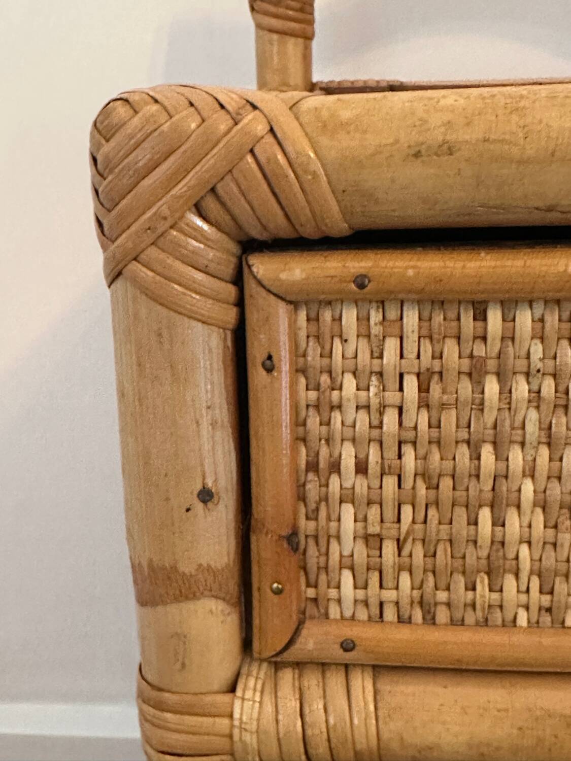 Antique rattan bedside table with vintage drawer