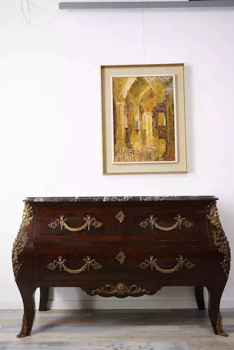 Antique chest of drawers in mahogany, Amboyna burl, red marble and bronze