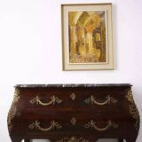 Antique chest of drawers in mahogany, Amboyna burl, red marble and bronze