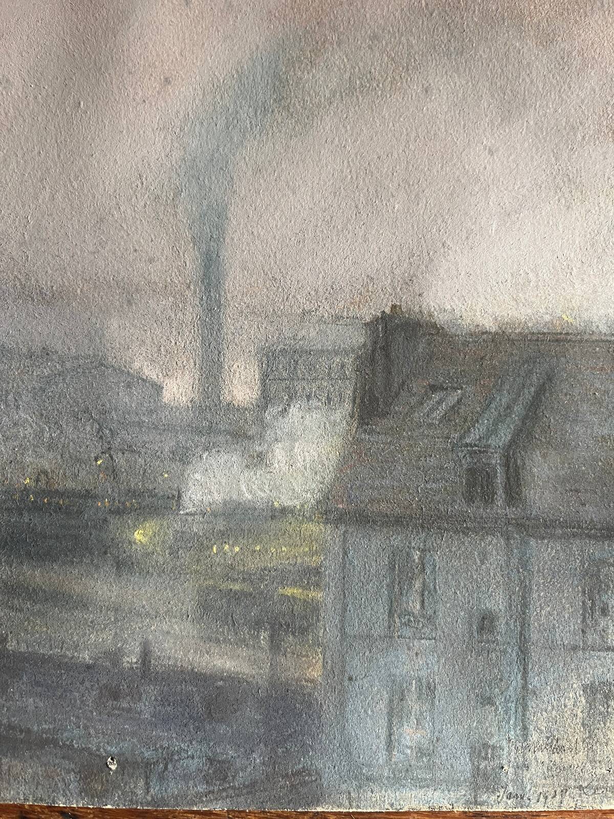 Pastel on paper circa 1900 Post-Impressionist Train Station and Train signed