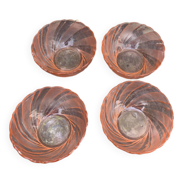 Lot de 4 coupelles en verre rose et torsadé rosaline vereco france vintage 1960/70