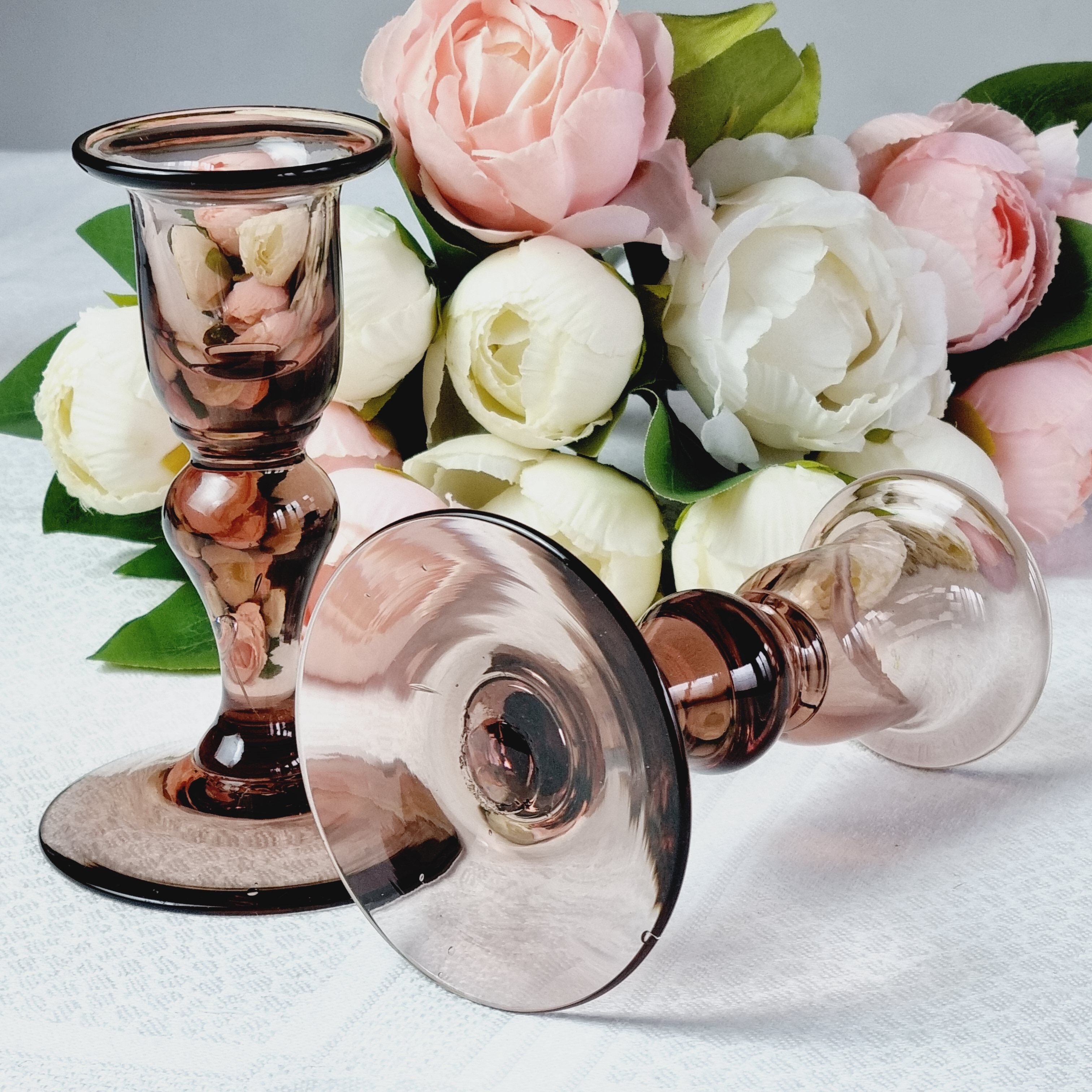 Set of 2 purple blown glass candle holders