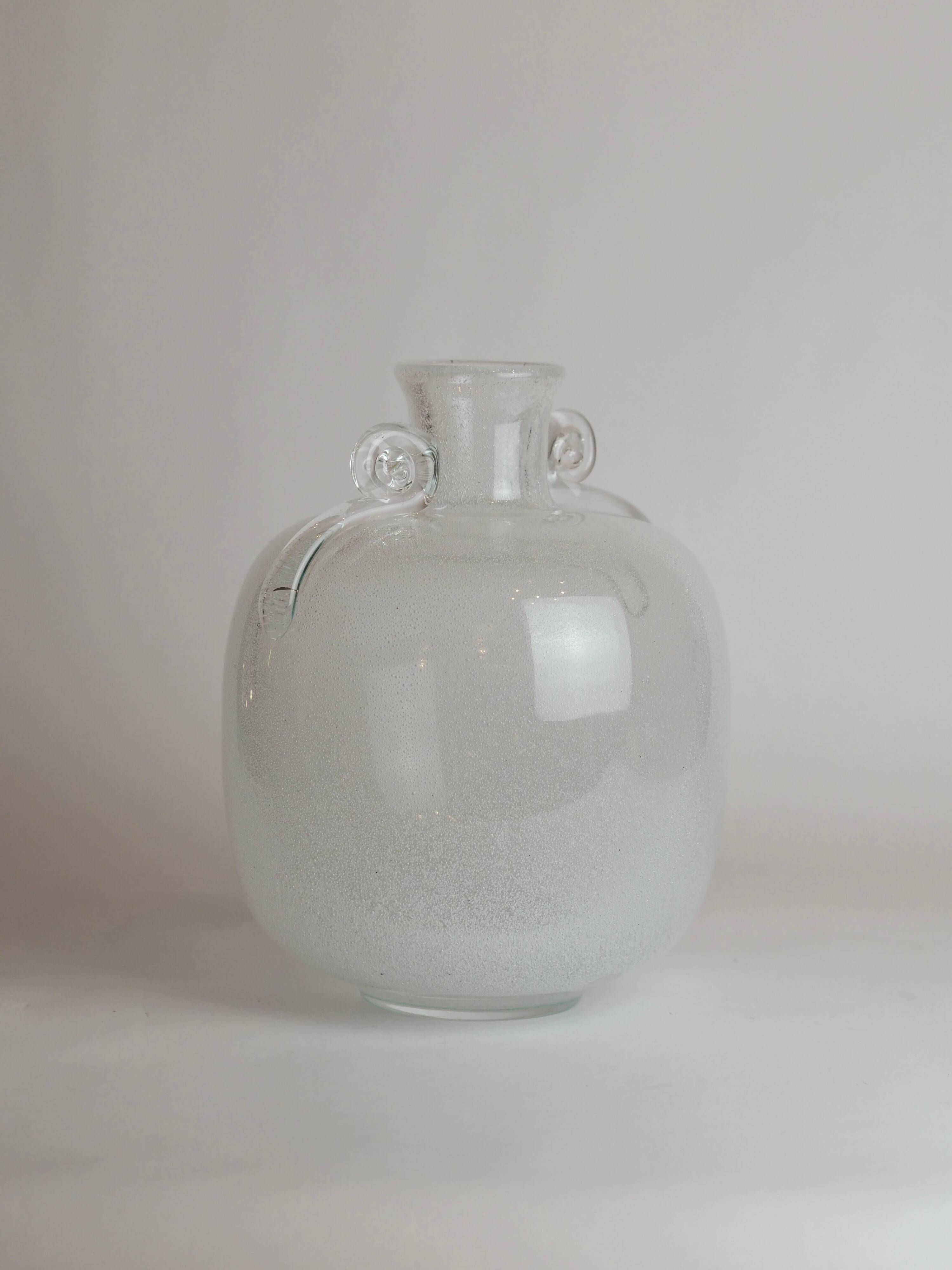 Murano glass vase "Pulegoso" in the shape of an amphora, with scroll handles, signed Seguso Vetri d'Arte.