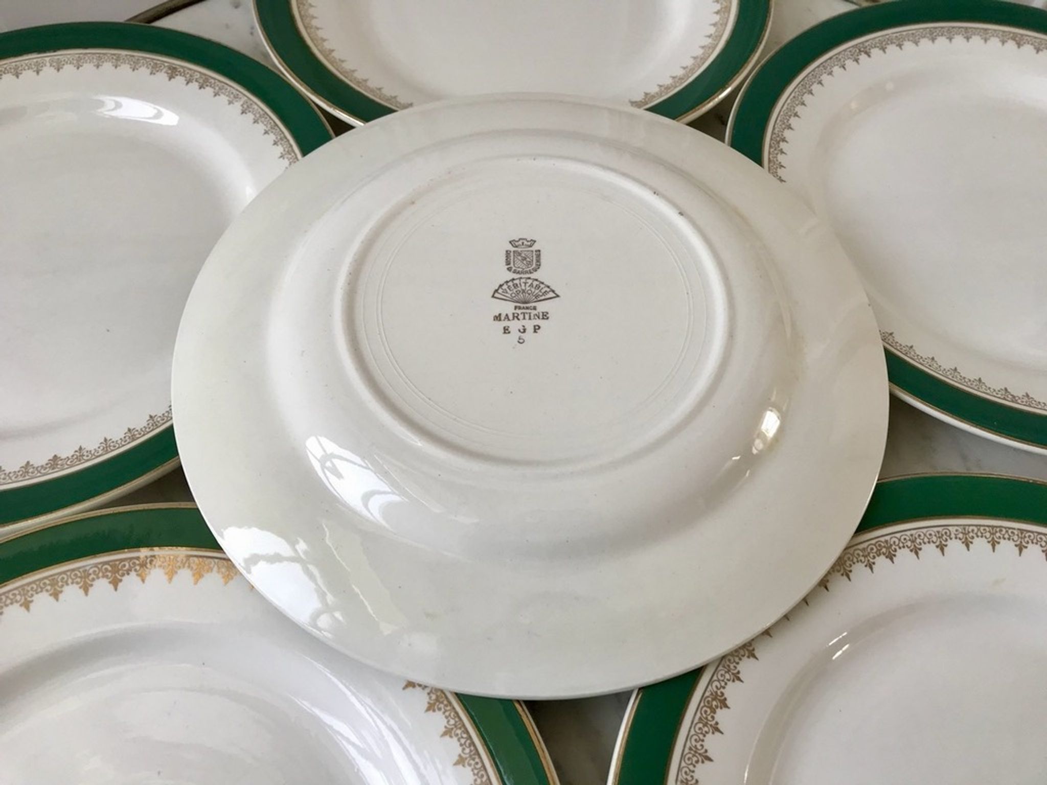 set of 6 flat plates Digoin Sarreguemines model "Martine" green and golden 50s