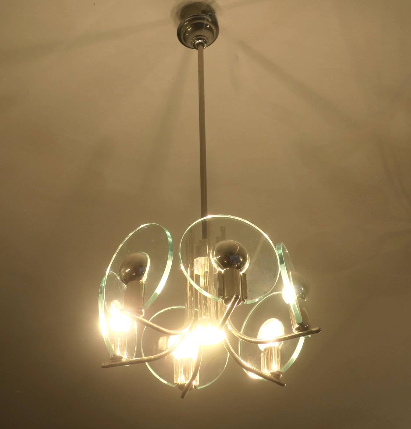 Silver plated chandelier with six crystal glass discs, Italy 1960s