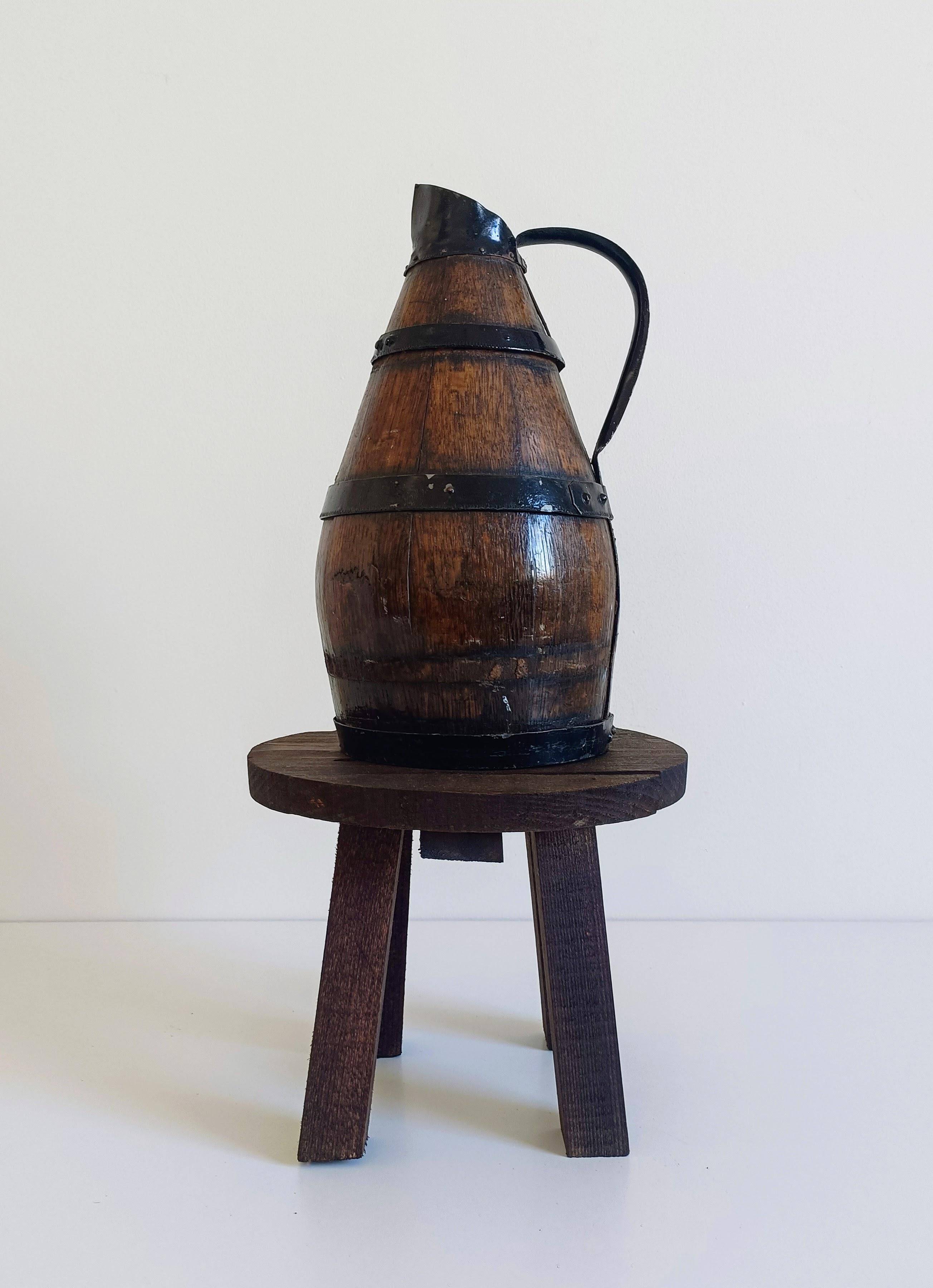 19th Century Rustic French Oak and Metal Hand-Crafted Pitcher