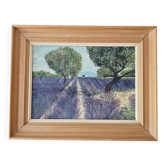 Oil on Canvas Landscape Almond Trees and Lavenders signed Jean Claude Fer