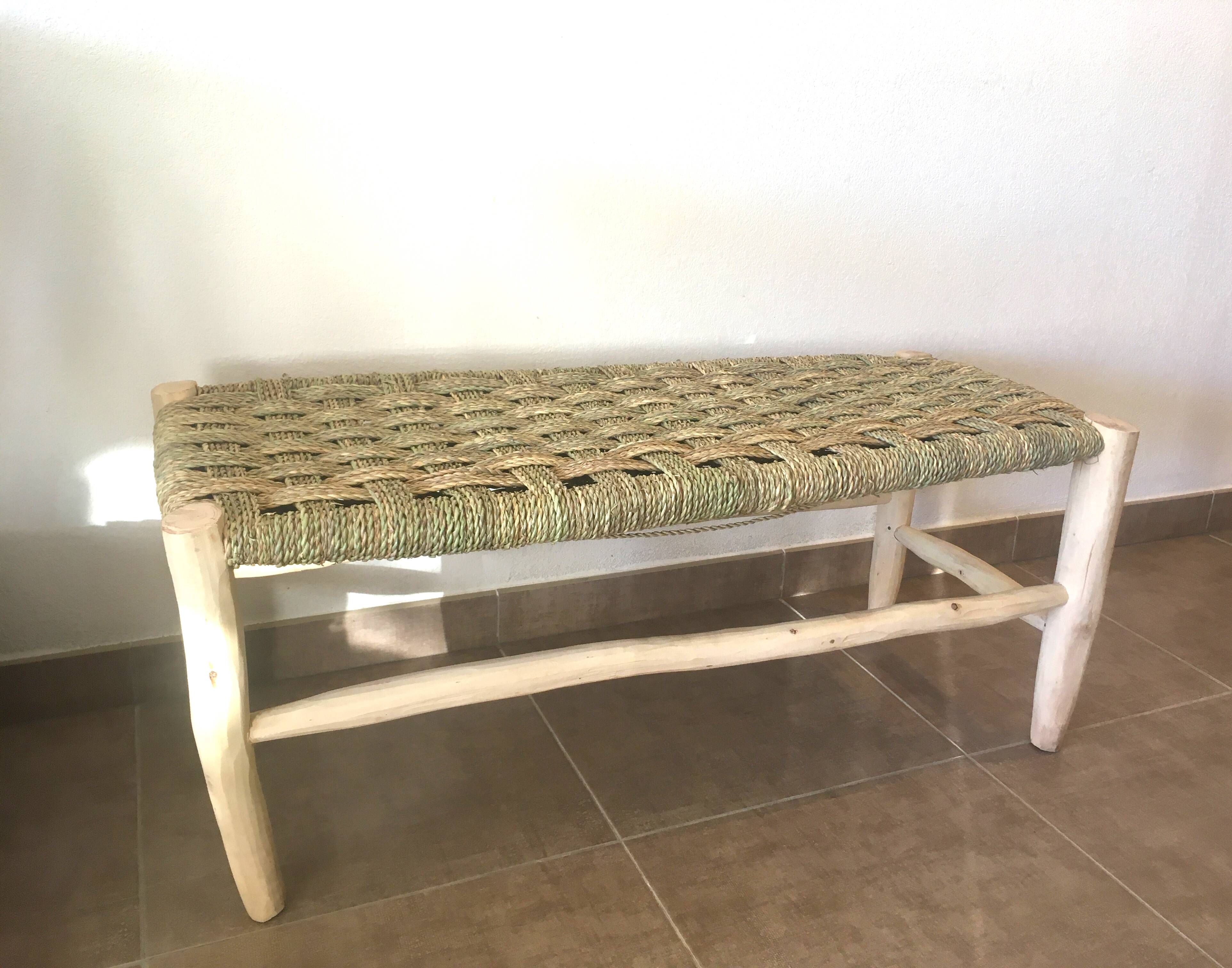 poplar bench and braided doum (palm tree)