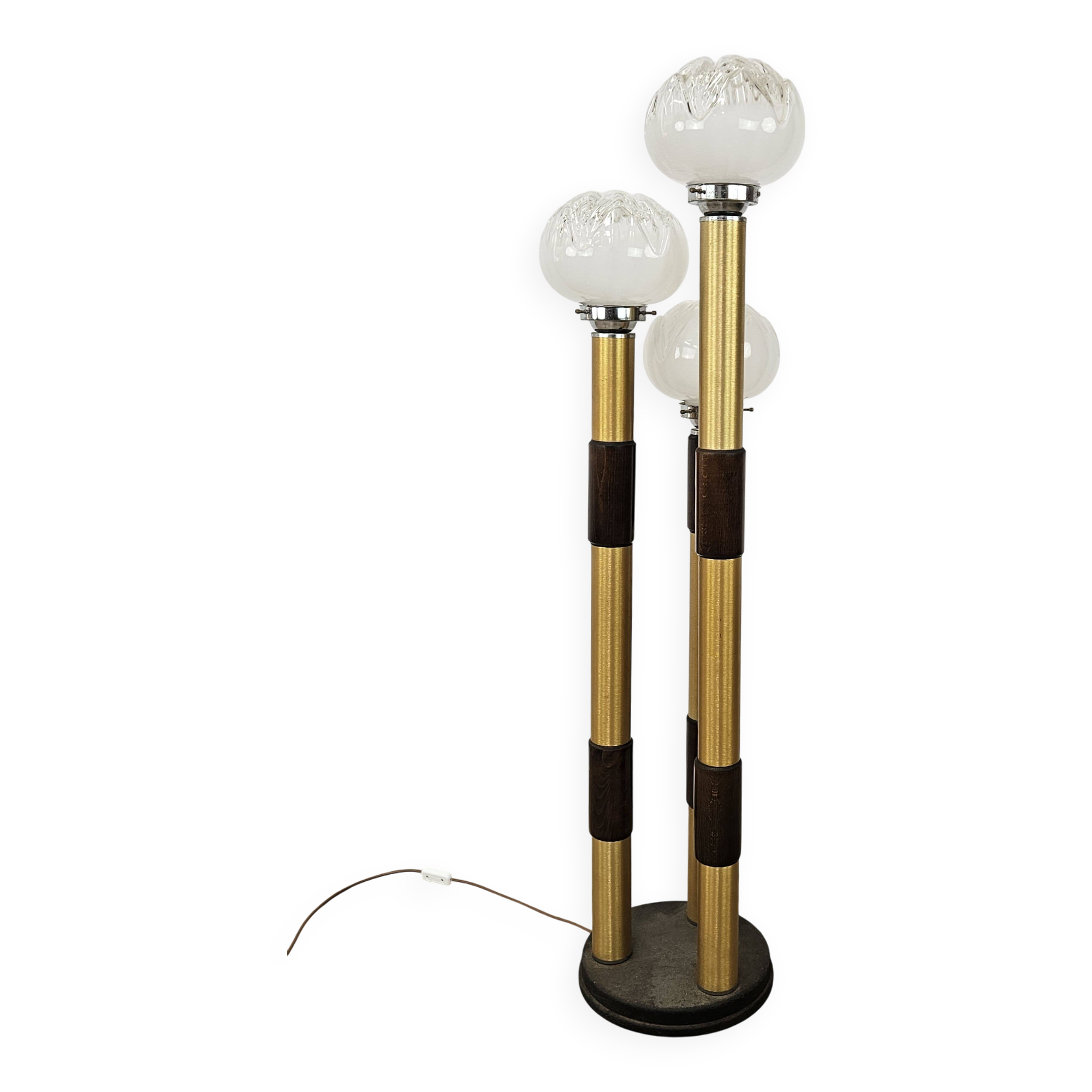 Mid-Century Murano Glass Floor Lamp in Wood and Metal with 3 Light Points