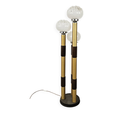Lampadaire Mid-Century en verre de Murano, bois et métal, avec 3 points lumineux