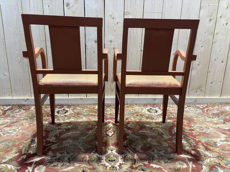 Paire de fauteuils bridge en tissu rayé terracotta