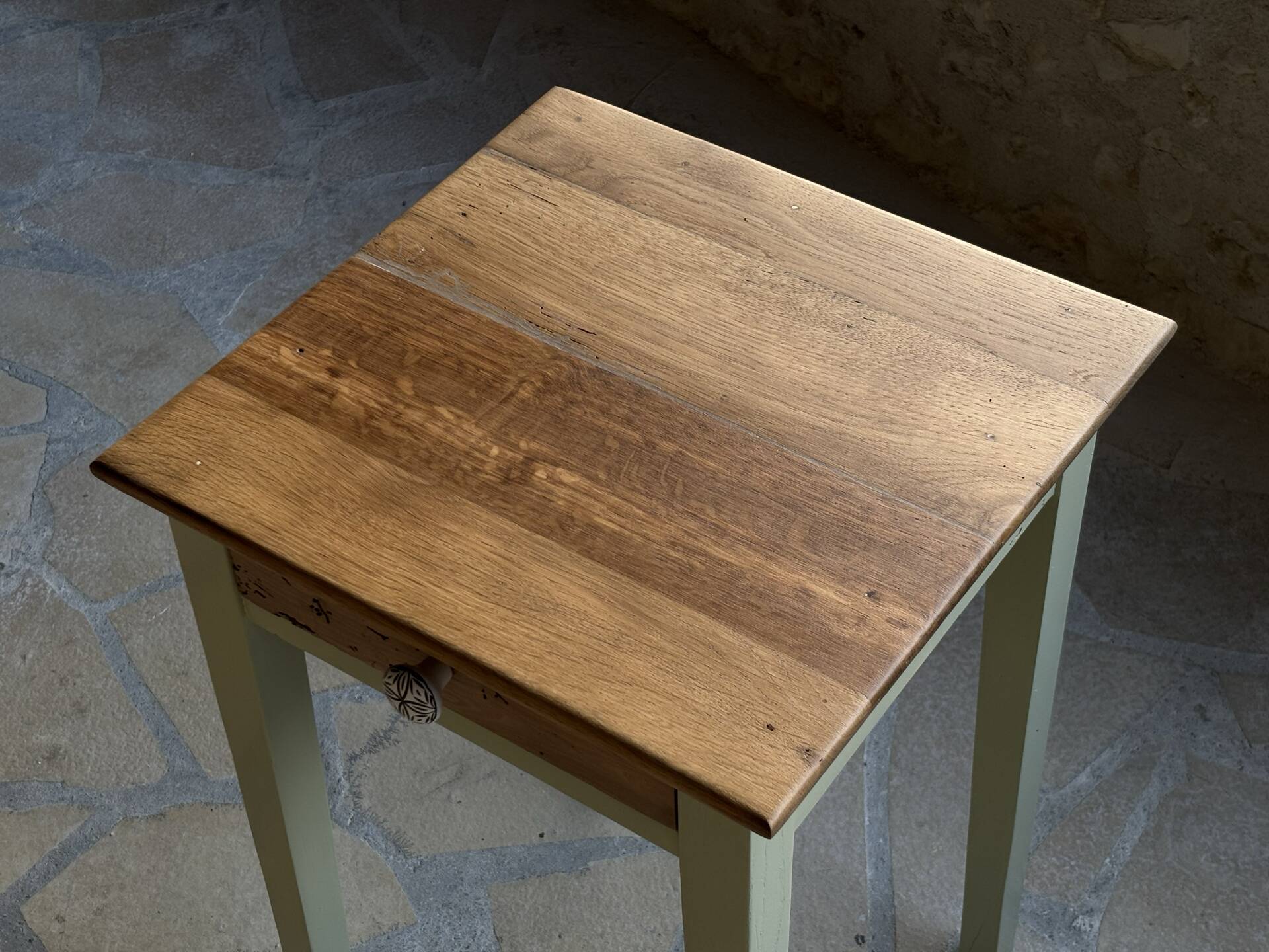 Restored antique oak bedside table - almond green and natural varnished wood