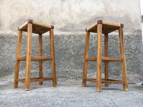 Paire de tabourets porte plante paille bout de canapé bois massif 1950 décoration meuble vintage