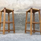 Pair of stools straw end of sofa solid wood 1950 decoration vintage furniture