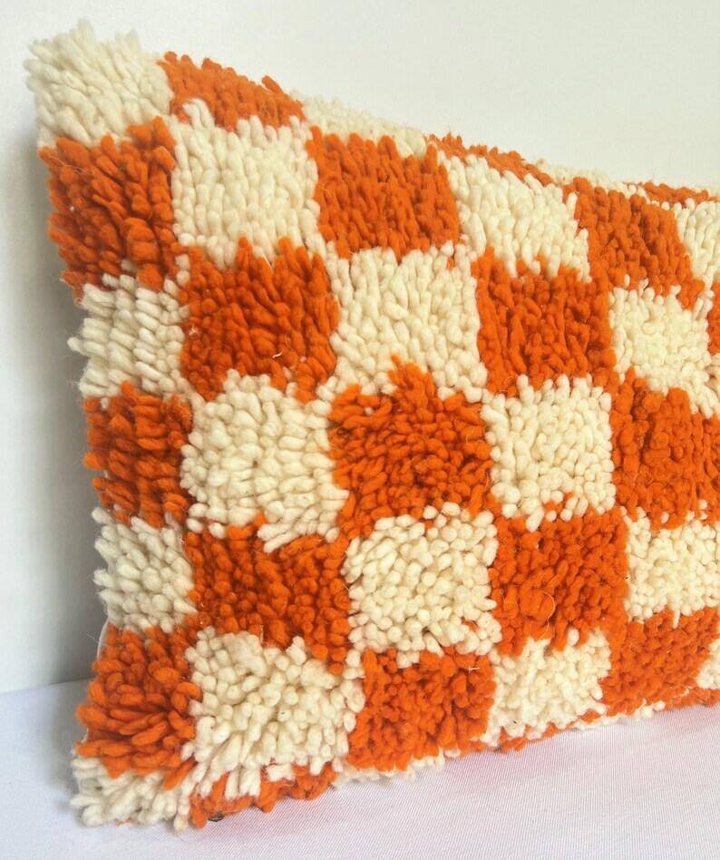 Orange Berber cushion for home decor Checkered pillow cover Moroccan cushion C