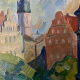 Peinture à l’huile suédoise vintage du milieu du siècle