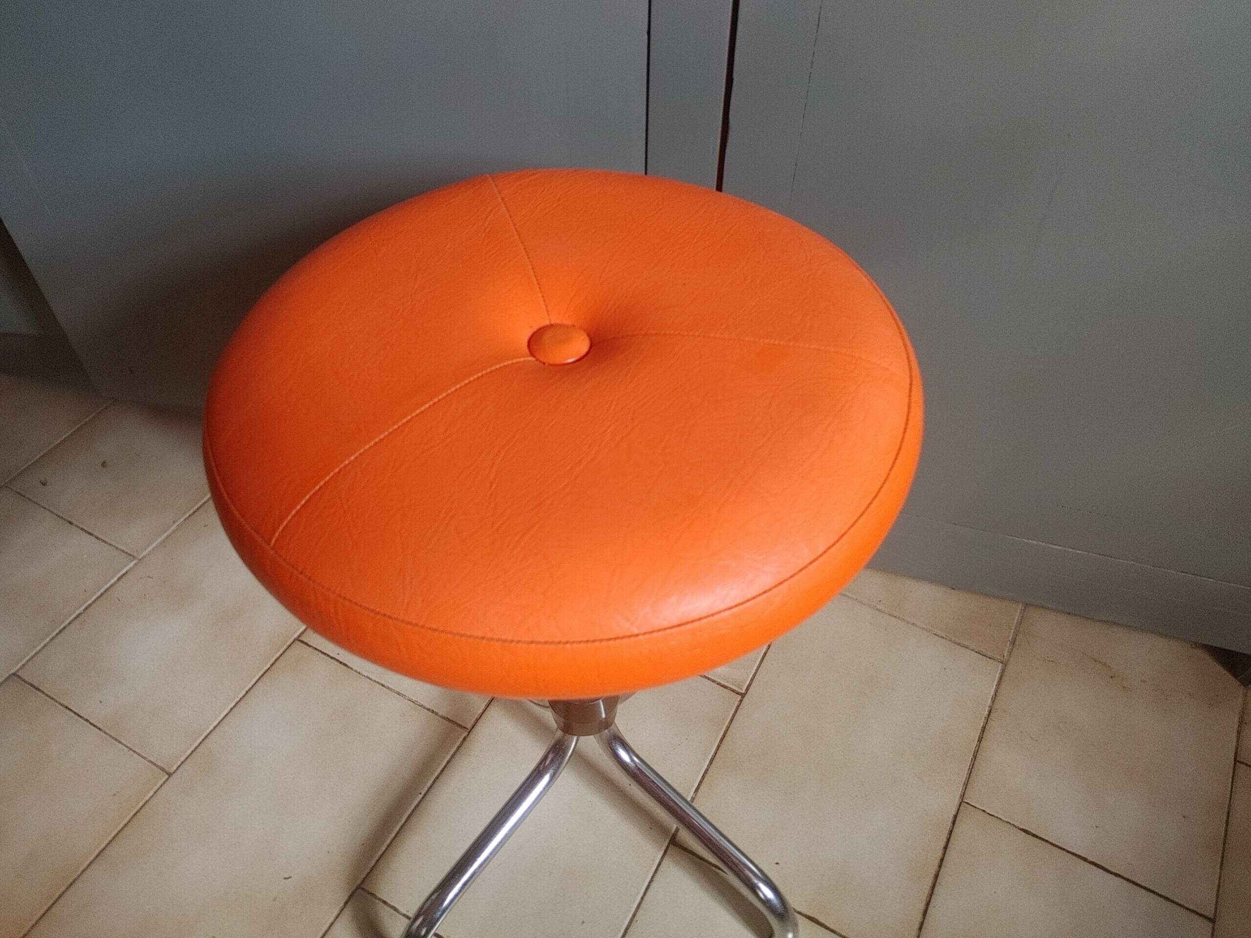 Vintage 70's rotating stool, chrome base, orange imitation leather seat