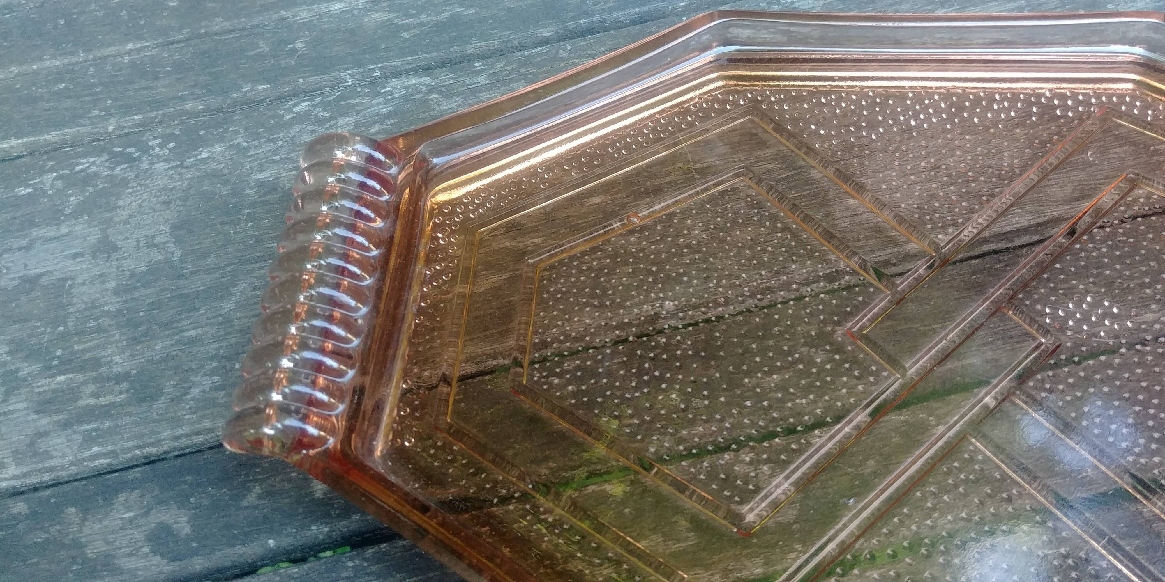 Old pink glass serving tray geometric shape 1950s