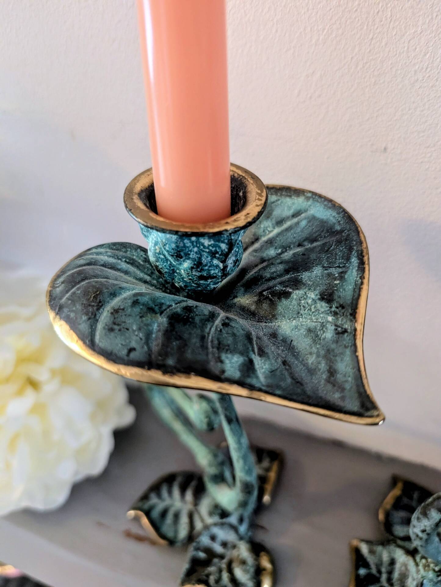 Pair of patinated greenish-blue bronze candlesticks Art Nouveau style