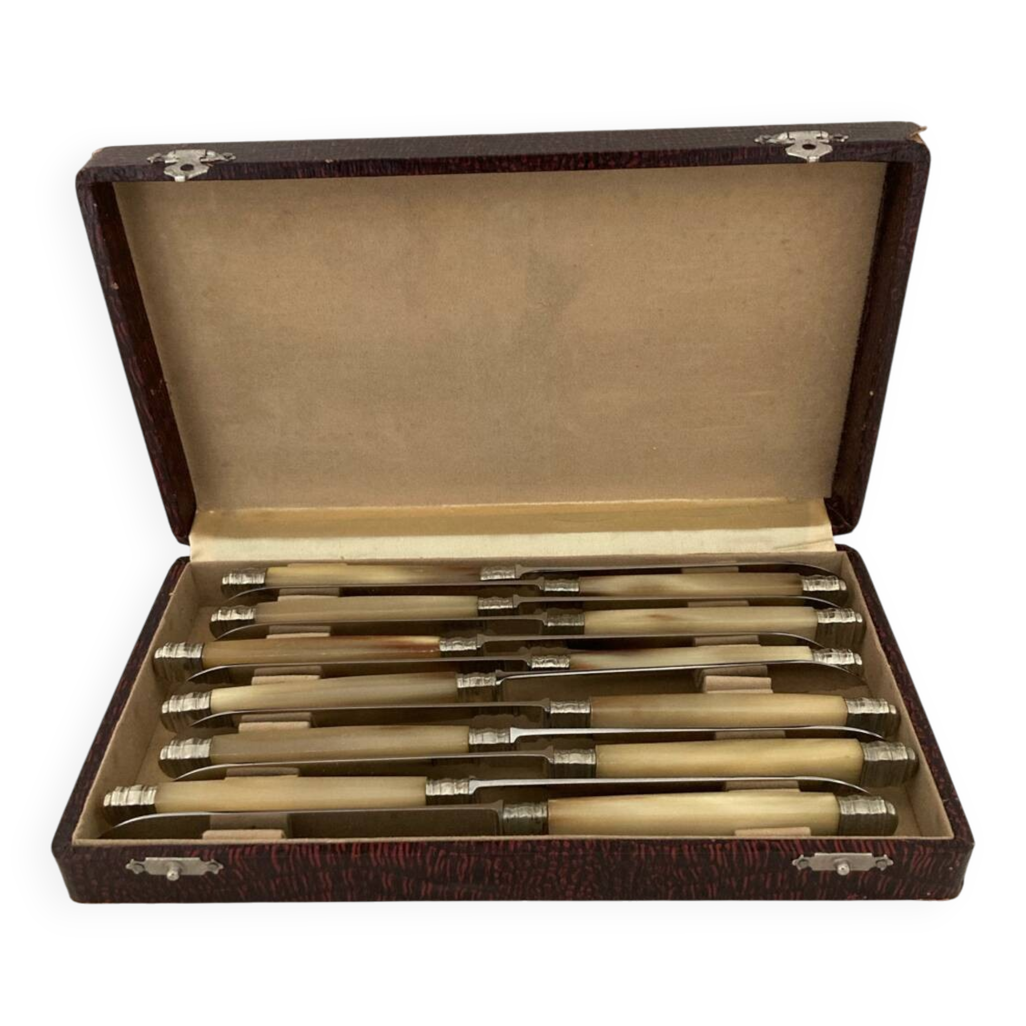Complete Set of 12 Stainless Steel Cheese Knives with Bakelite Handles and Art Deco Ferrules
