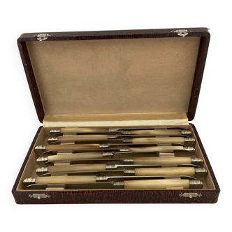 Complete Set of 12 Stainless Steel Cheese Knives with Bakelite Handles and Art Deco Ferrules