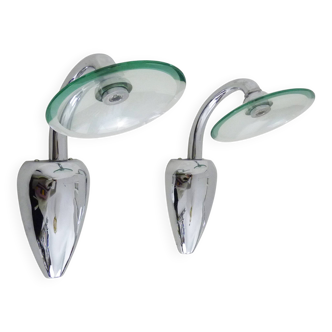 Pair of Spanish design wall lights in chrome metal and glass.