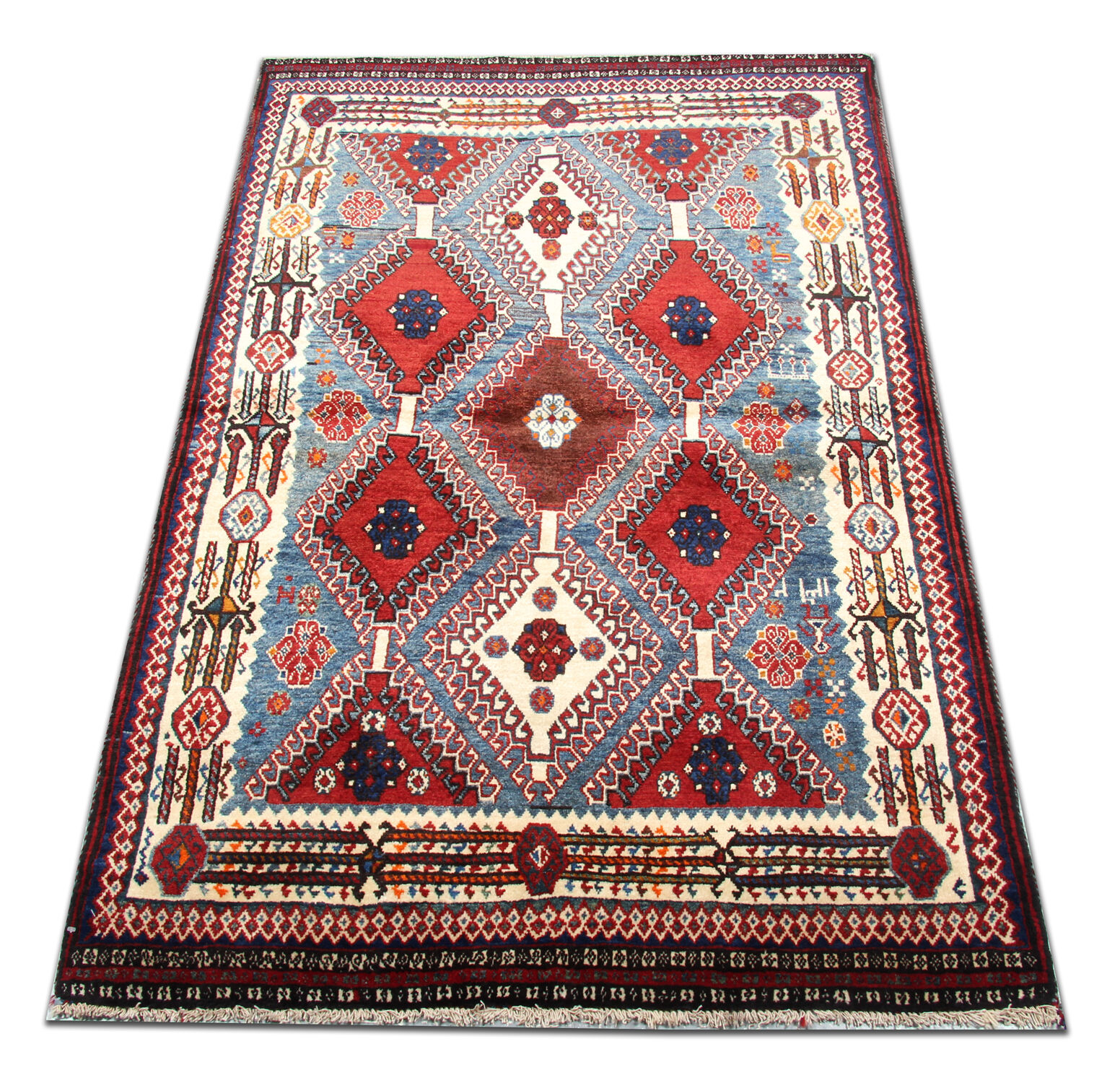 Handmade oriental persian area rug traditional wool blue red carpet- 110x155cm
