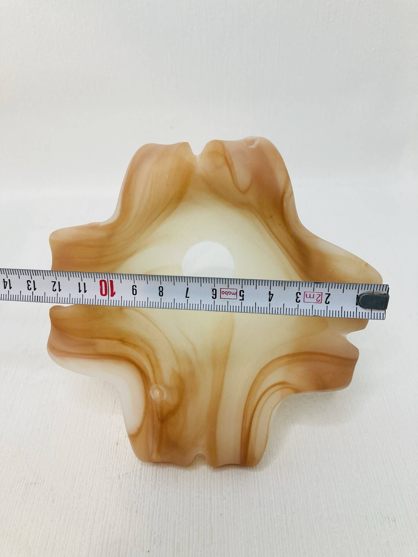 Pair of vintage opaline tulip lampshades with caramel marbled frill edge.