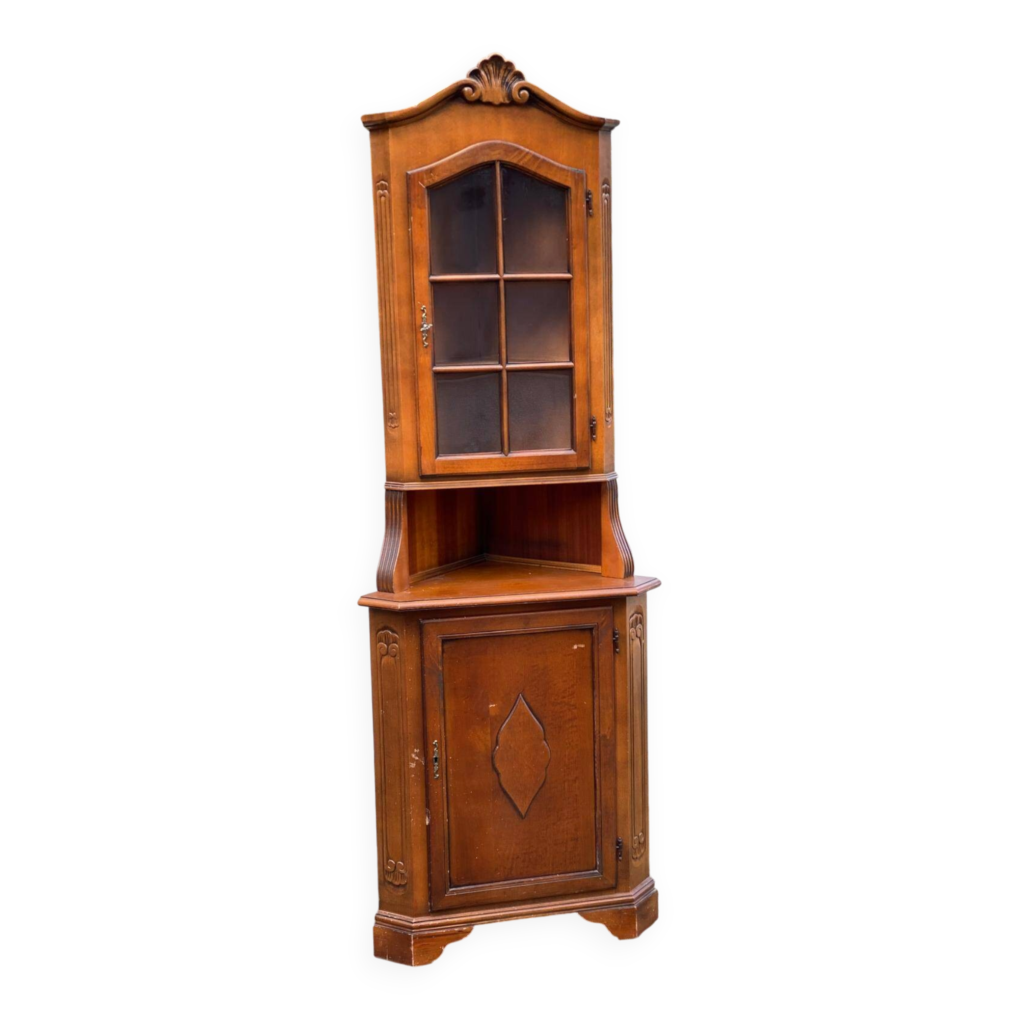Vitrine d'angle 2 corps encoignure anglaise victorienne en bois